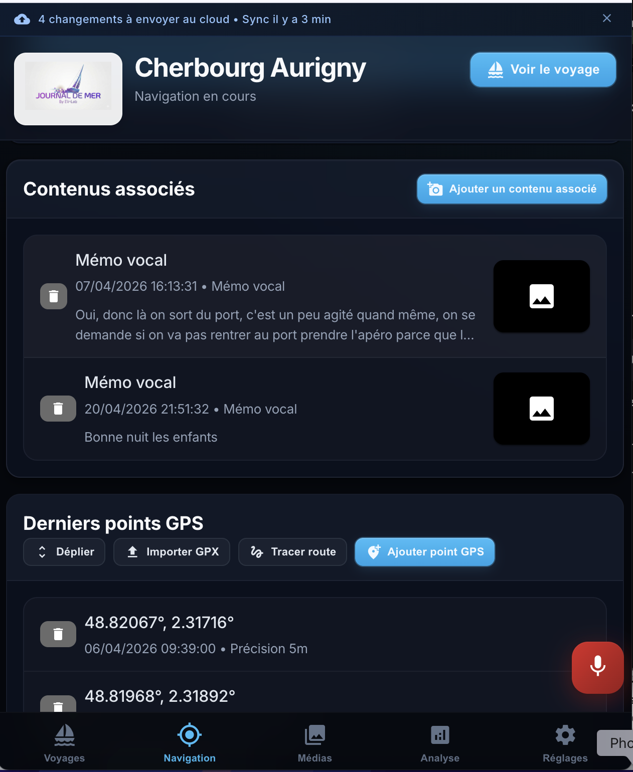 Écran Navigation : mémos vocaux et derniers points GPS.