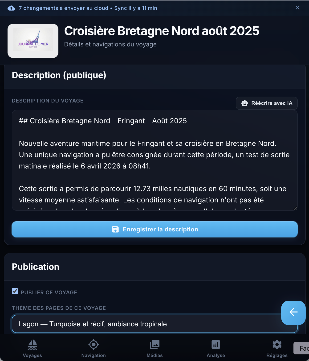 Écran Voyage : description publique du voyage avec assistance IA et publication.